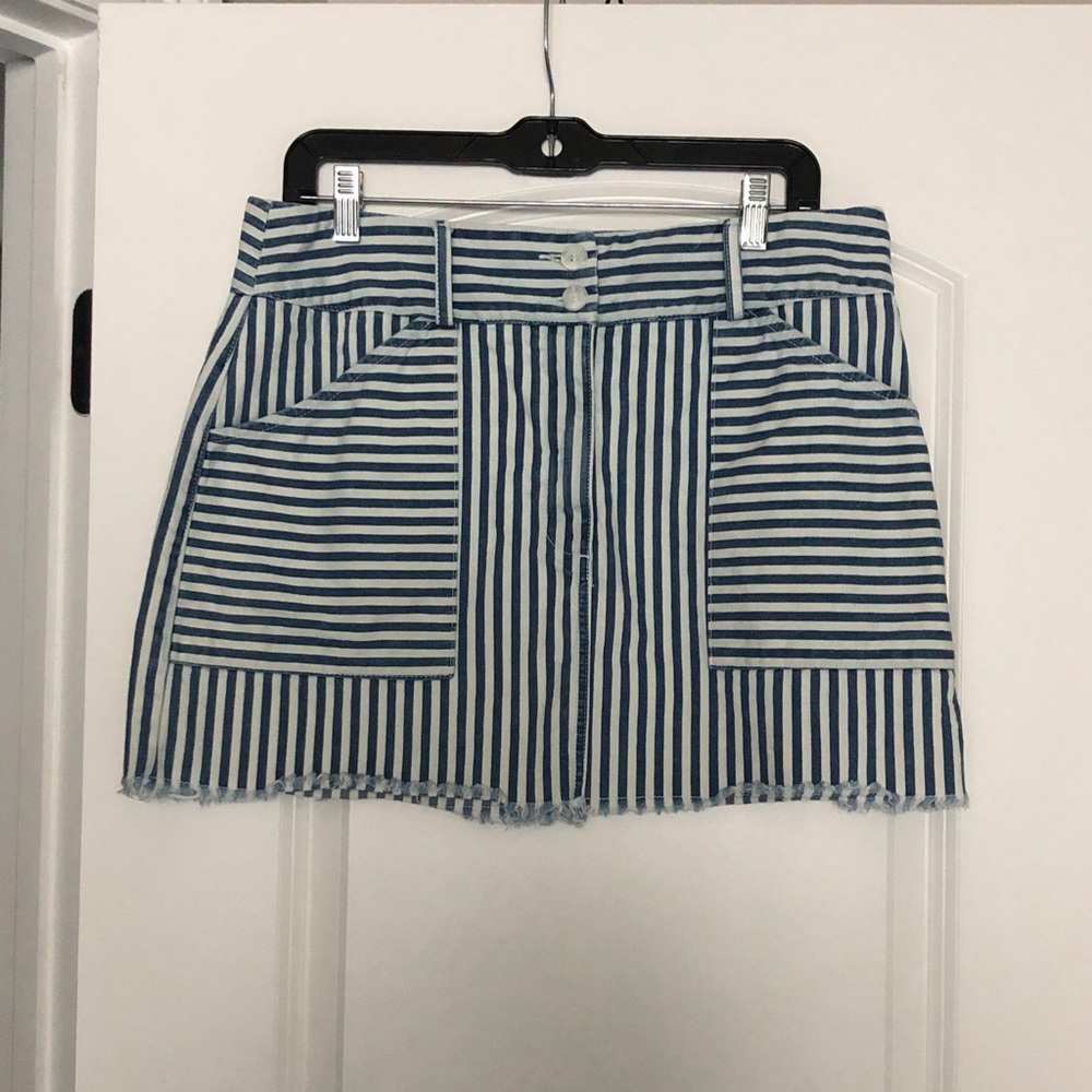 Self Contrast Blue striped denim Mini Skirt L made in USA Nautical Anthropologie